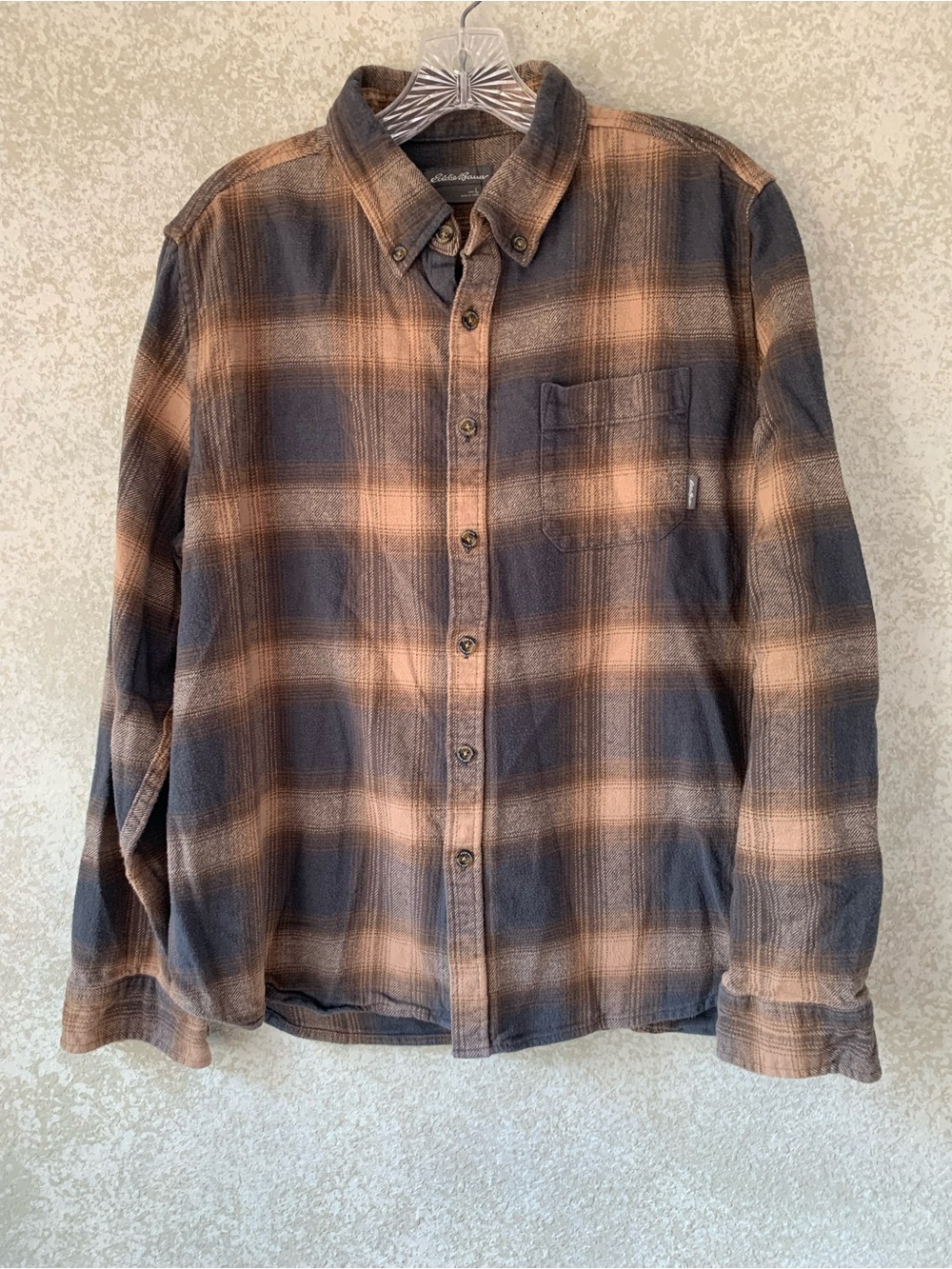 Eddie Bauer Brown and Gray Plaid Button-Up Shirt Large Cozy Work Fall Flannel